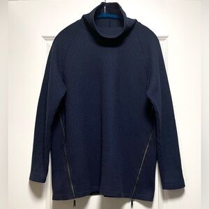 LL Bean Signature Funnel Neck Waffle Sweater CYA Length Side Zippers Navy Blue L